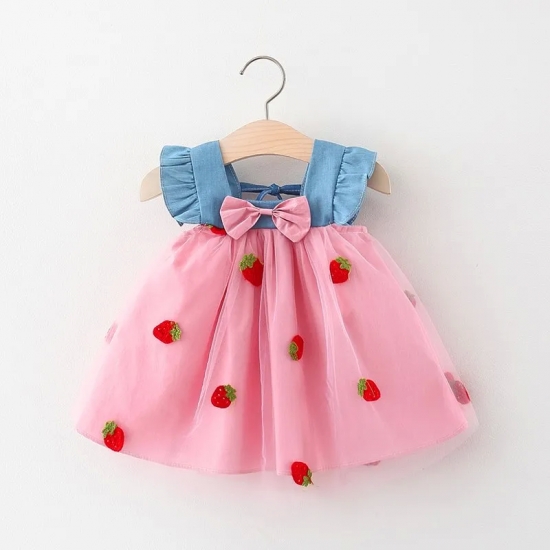 Summer New Girls- Little Flying Sleeve Dress Children-s Bow Strawberry Embroidery Mesh Spliced Denim Princess Dress