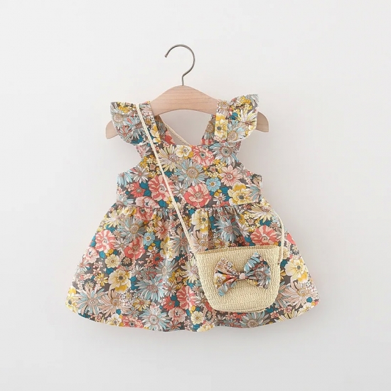 Summer Baby Girl-s Dress New Vintage Garden Flower Flying Sleeve Dress with Straw Bag
