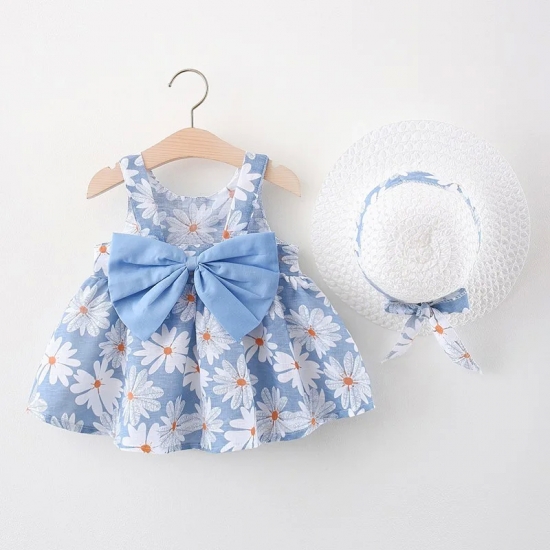 2023 Summer New Baby Dress Small Daisy Cotton Princess Dress Big Bow Sling Children-s Clothing Gift Hat