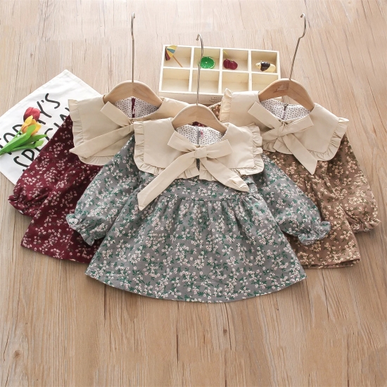 Autumn And Winter Girls- Dress New Countryside Fragmented Flower Bow Lace Lapel Sweet Long Sleeve Forest Style Wear