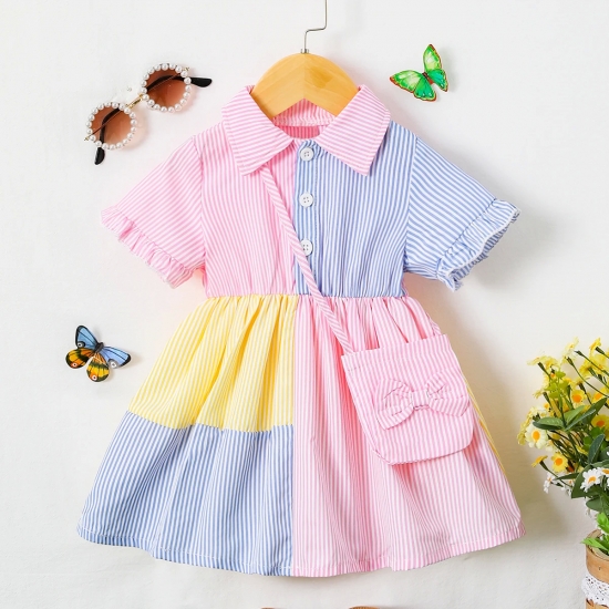 Girls  Dress With Lapel  Flared Sleeves  Button Closure Waist  Puffy Skirt  Butterfly Bag  Loose Travel New Style