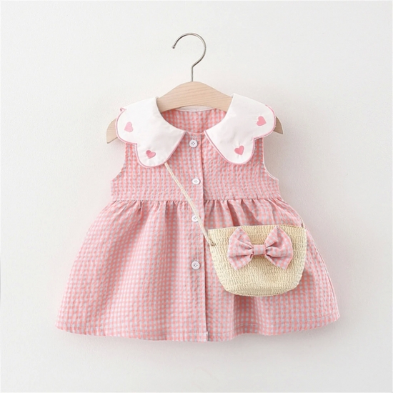 Summer Newborn 2-Piece Girl Infant Cotton Dress And Backpack Baby Embroidered Flip Collar Checkered Sleeveless Beach Dress