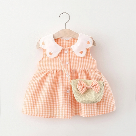 Summer Newborn 2-Piece Girl Infant Cotton Dress And Backpack Baby Embroidered Flip Collar Checkered Sleeveless Beach Dress