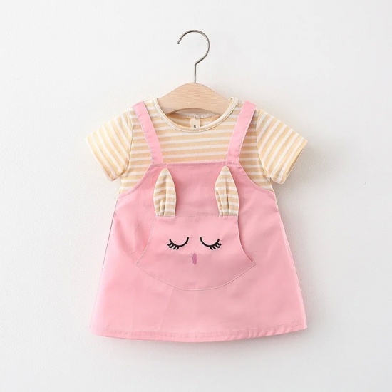 Summer Baby Cartoon Cat Dress Striped Short Sleeve Top Suspended Princess Dress 0-3 Year Old Girls- Clothing