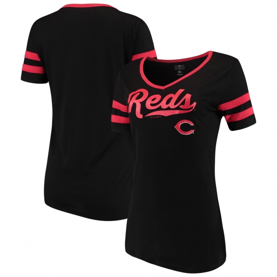 5th & Ocean by New Era Women's New Era Black Cincinnati Reds Jersey V-Neck T-Shirt