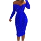 Olyvenn Office Wrap Knit Bandage Waist Dress Fashion Womens Plus Slim Fit Long Sleeve Sexy Off The Shoulder Sequin Party Dresses Female OuterwearBlue M
