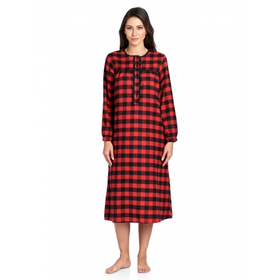 Ashford & Brooks Women's Flannel Plaid Long Sleeve Nightgown - Red Buffalo Check - X-Large