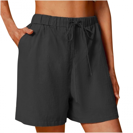 Zodggu Womens Black Workout Shorts Womens Cotton Linen Shorts Solid Color Comfortable Drawstring Lacking Elastic Waist Wide Leg Loose Casual Shorts Trendy Shorts 10
