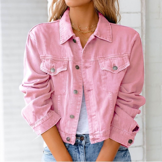FITORON Women Leisure Coat Cardigan Collared Solid Long Sleeve Casual Crop Jacket Denim Jacket Pink