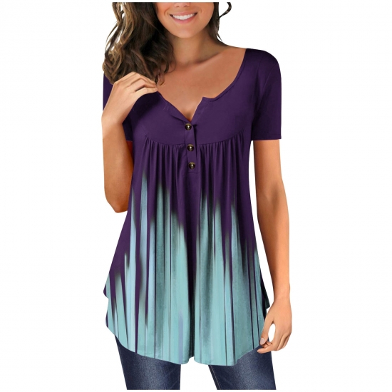 Scyoekwg Womens Summer Short Sleeve Tunic Tops Casual Buttons Round Neck Hide Belly Pleated T Shirts Fashion Print Loose Comfy Blouses C01Purple XL