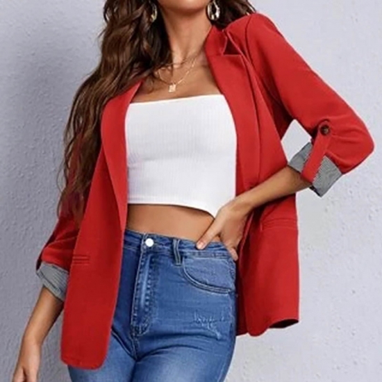 FITORON Women Blazer Turndown Collar Solid Fashion Business Elegant Suit Jacket Long Sleeve Blazer Cardigan Outerwear Red