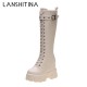 Women Cross Strap PU Leather Chunky Boots Winter Warm Fur Knee High Boots Ladies Autumn Thick Sole Platform Long Botas Mujer