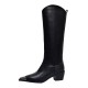 ISNOM Cow Leather Western Boots Women Knee High Boots Fashion Metal Toe Pointed Shoes Female High Heels Shoes Ladies