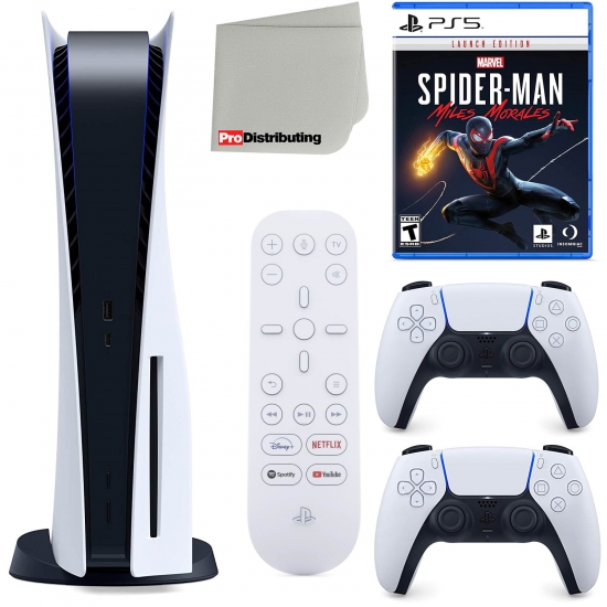 Sony Playstation 5 Disc Version Sony PS5 Disc with White Extra Controller Media Remote Marvels SpiderMan Miles Morales and Microfiber Cleaning Cloth Bundle