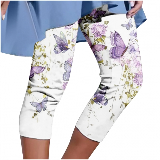 CZHJS Womens Floral Printing Capris Pencil Pants Compression Pants High Waist Comfy Boho Summer Beach Pants Hiking Pants for Ladies White XXL