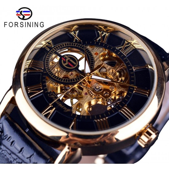 FORSINING 3d Logo Design Hollow Engraving Black Gold Case Leather Skeleton Mechanical Watches Men Luxury Brand Heren Horloge
