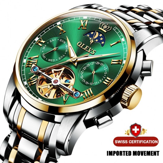 OLEVS Men Watch Automatic Mechanical Watch  Stianless Top Brand Dress Luxury Moon Phasetourbillon Wristwatch Gifts For Male