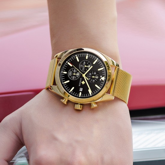 WWOOR Fashion Sports Multifunction Watches Men Luxury Brand Gold Steel Mesh Quartz Clock Waterproof Chronograph Wrist Watch
