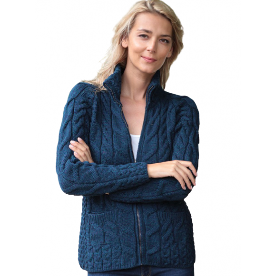 Aran Woollen Mills Cable Knitted Full Zipper Cardigan 100% Premium Soft Merino Wool Sweater Women`s Jacket with Mock Turtleneck Made in Ireland