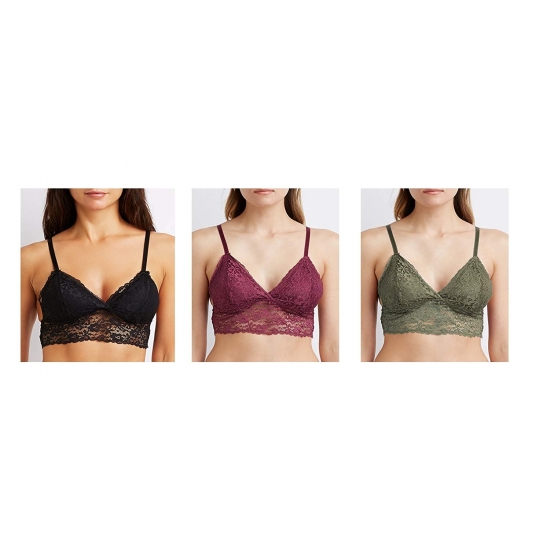 Body Frosting Women’s Longline Lace Bralette Strappy Bra with Removable Pads, Medium (3 Pack)