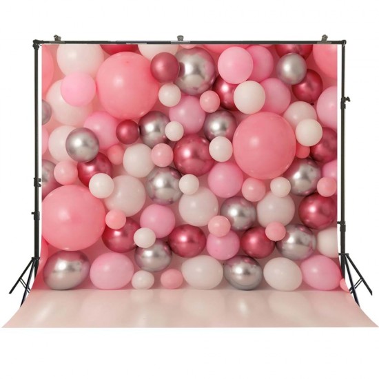 Photography Backdrop Girl 1st Birthday Background Whole Wall Of Balloons Pink Silver Cake Smash Banner Photoshoot Portrait Kid