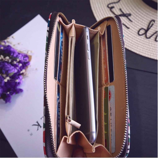 Elenxs Vintage PU Leather Women Purse Wallets For Card Coin Print Zip Long Handbag Wallet