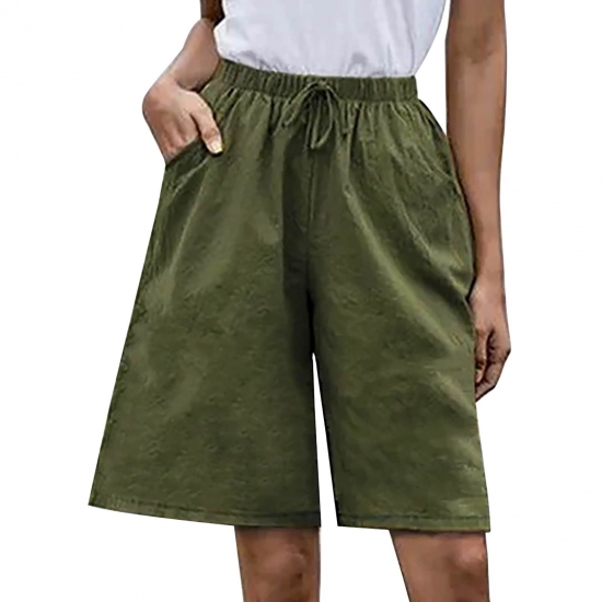 Zodggu Womens Army Green Workout Shorts Fashion Womens Summer Bermuda Shorts Solid Color Cotton Linen Shorts Pants Loose Ruffle Comfy Casual Lacing Drawstring Elastic Waist Pocket Trendy Shorts 10