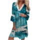 Olyvenn Boho Paisley Midi Dress Womens Slim Fit Casual Pleated Dresses 34 Sleeve Party Tunic Swing Casual V Neck Lace Patchwork Print Trim VNeck Female OuterwearBlue S