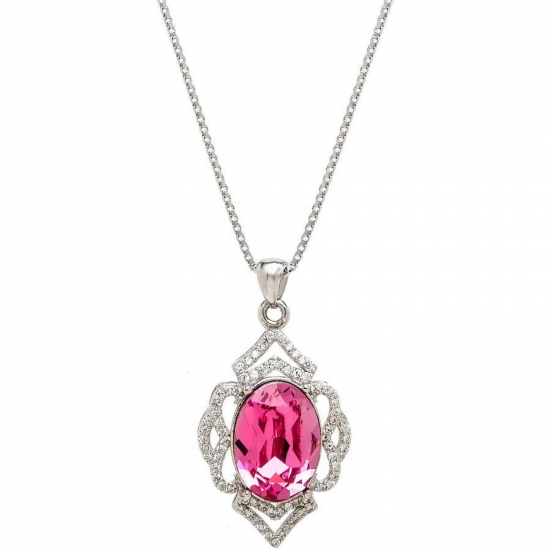 American Designs Sterling Silver Jewelry Cubic Zirconia CZ and Oval Pink Swarovski Crystal Rose Art Deco Estate Look Pendant Colorful Charm Necklace Chain 18 Designer 925