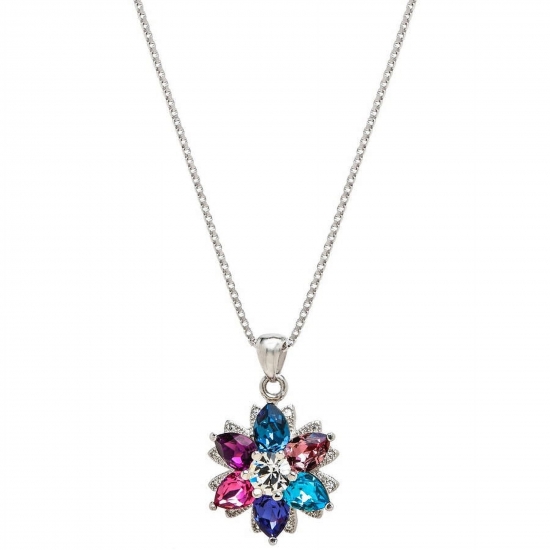 American Designs Sterling Silver Jewelry MultiColored Swarovski Crystal Petal Flower and Cubic Zirconia CZ Border Pendant Colorful Charm Necklace Box 18 Chain Designer 925