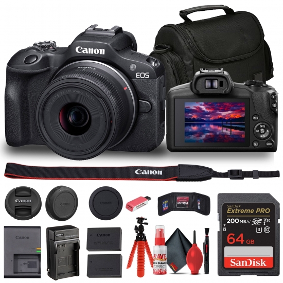 Canon EOS R100 Mirrorless Camera with 1845mm Lens 6052C012  Bag  64GB Card  LPE17 Battery  Charger  Card Reader  Flex Tripod  Cleaning Kit  Memory Wallet