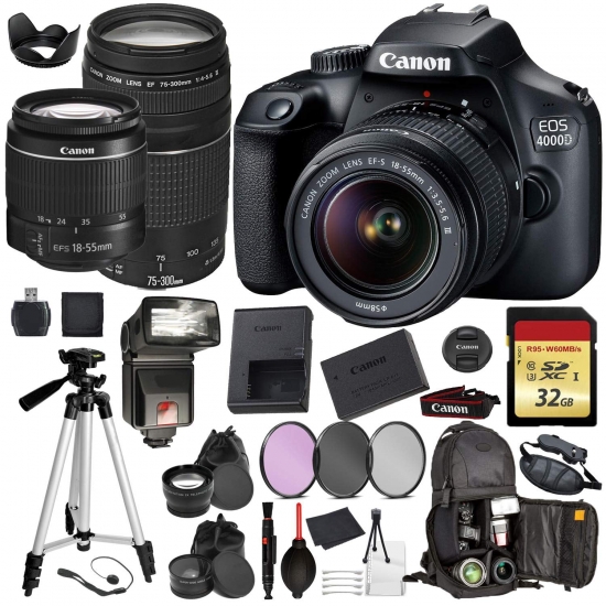 Canon EOS Rebel 4000D Digital SLR Camera with EFS 1855mm  EF 75300mm Black Pro Accessory Bundle Package International Model