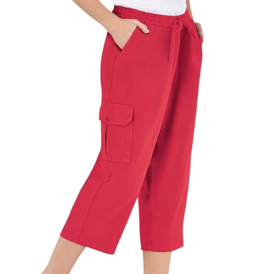Collections Etc Womens Elastic Waist Cargo Pocket Capri Pant Red Large