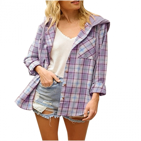 HAPIMO Savings Plaid Coats for Women Girls Fall Fashion Tops Hoodie Outwear Long Sleeve Button Down Flannel Jacket