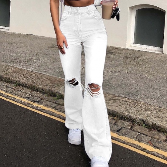 HTNBO Bell Bottom Jeans for Women High Waist Ripped Jeans Casual Streetwear Wide Leg Denim Pants Trousers with Pocket