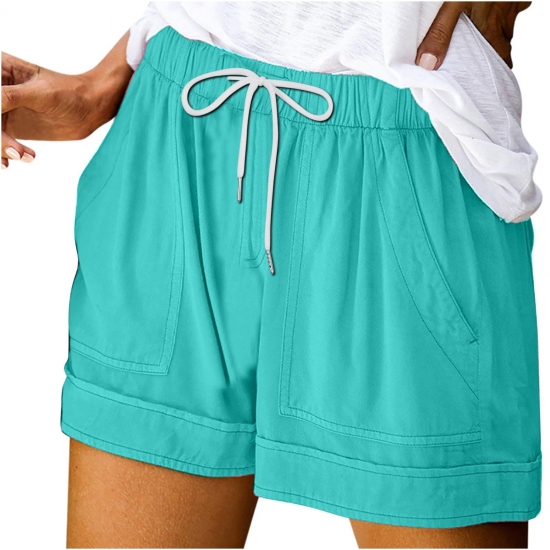 JWZUY Women Casual Shorts Plain Solid Color Elastic Waist Drawstring Pockets Summer Beach Lightweight Short Pants Sky Blue S