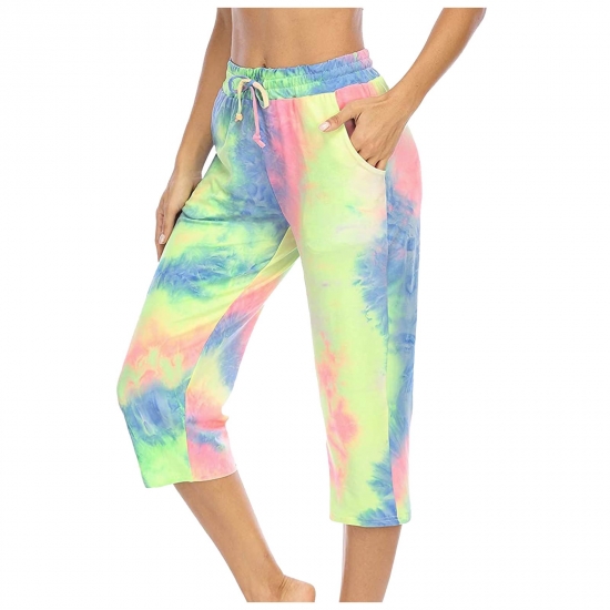 JWZUY Womens Drawstring Capri Pants Tie Dye Cropped Tops Loose Soft Workout Causal Lounge Pants with Pockets Green S
