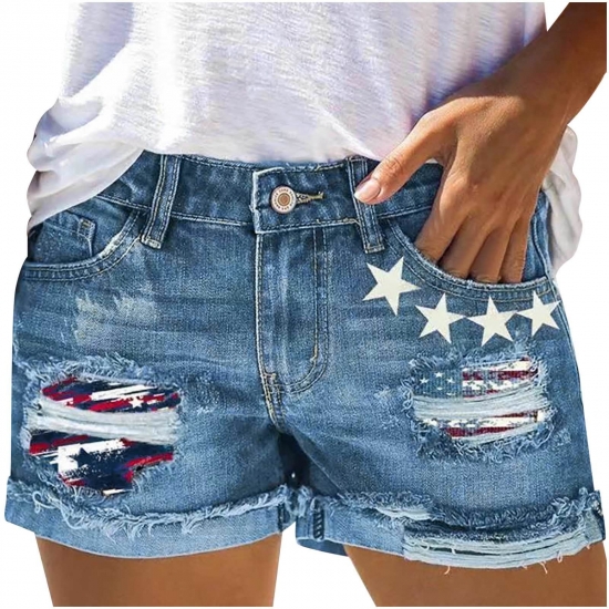 JWZUY Womens American Flag Print Ripped Denim Shorts for July 4Th Independence Day Denim Shorts Summer Casual Jeans Shorts Blue M