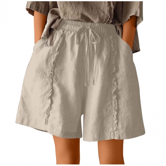 JWZUY Womens Casual Solid Cotton Linen Elastic Drawstring Summer Beach Bermuda Pocketed Shorts Cuff Hem Shorts Gray XXXL