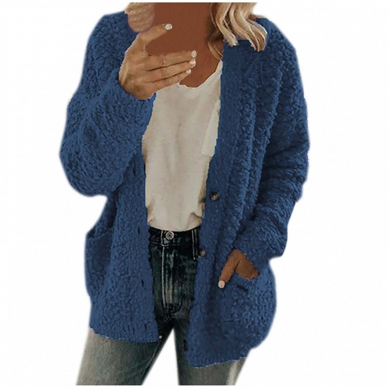 LoyisViDion Women Casual Plus Size Plush Sweater Pockets Outerwear Buttons Cardigan Coat Dark Blue 18XXXXXL