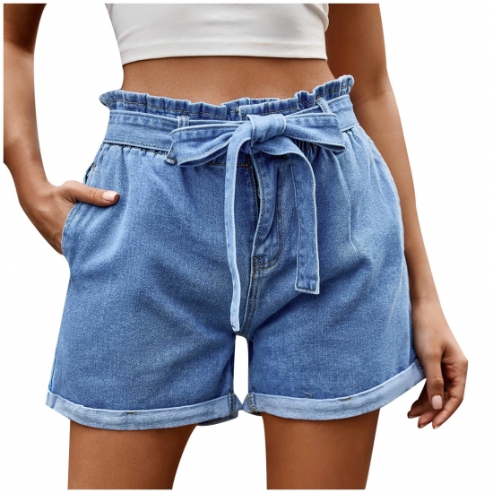 Olyvenn Summer Summer New Womens Solid Button Elastic Waist Bandage Zipper Pocket Fashion Beachwear Casual Short Jeans Workout Trendy Women 2023 Blue 4