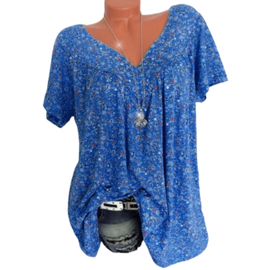 Patlollav Deals Tops for Womens Plus Size Clearance Short Sleeve Shirt VNeck Print Blouse Pullover