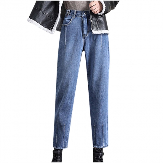 SMihono Clearance Teen Girls Full Length Jeans Denim Pants Womens Fashion Leisure Elastic High Waisted Plush And Thick Wide Legs Denim Pants Blue 14