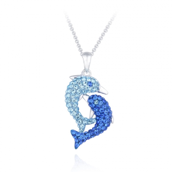 SilverSpeck Silver Tone Blue Double Dolphin Necklace with Swarovski Elements