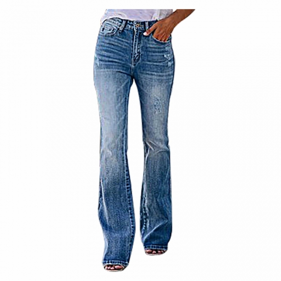 WXLWZYWL Tummy Control Jeans for Women Stretch Jeans with Pockets Wide Leg Flare Denim Pants Distressed Ripped Jeans Button Jeans