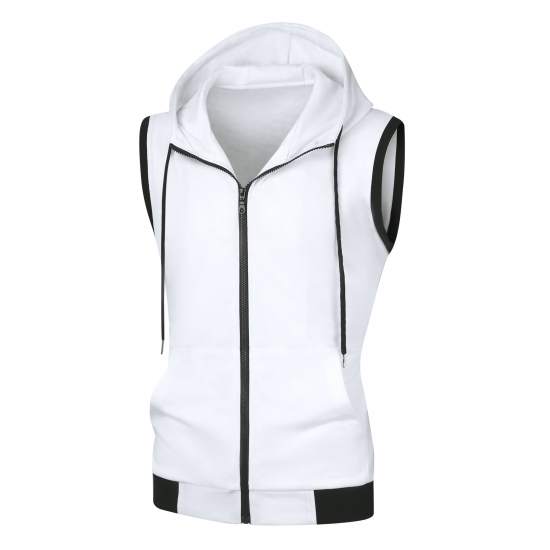 Unique Bargains Mens Hoodie Vest Zip Up Sleeveless Drawstring Hooded Sweatshirt S White