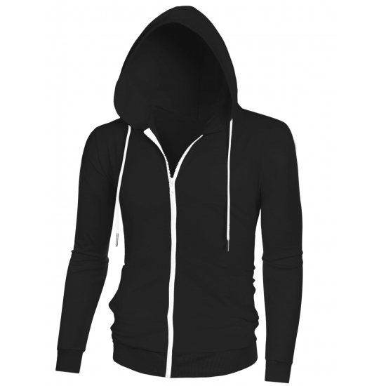 Unique Bargains Mens Hoodies Zip Up Long Sleeves Solid Color Knit Jackets with Hood S Black