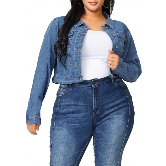 Unique Bargains Womens Plus Size Long Sleeve Jean Button Cropped Denim Jacket