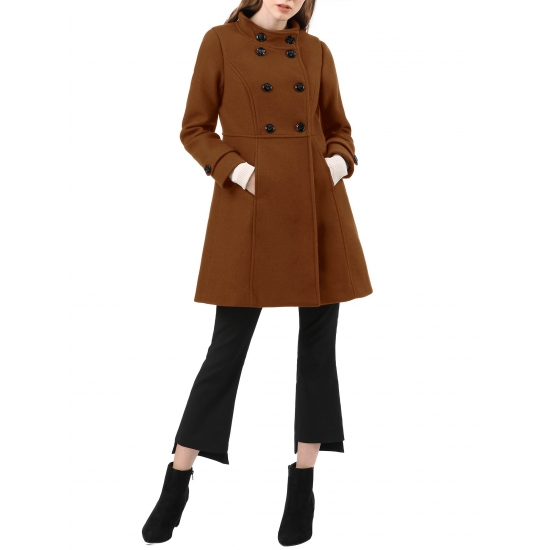 Unique Bargains Womens Winter Stand Collar Slant Pockets Double Breasted Coat