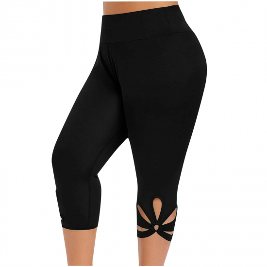 VSSSJ Womens Yoga Capris Pants Plus Size Solid Color Hollow Elastic Waist Leggings Leisure Stretchable Lightweight Gym Home Sport Pants Black01 XXXL